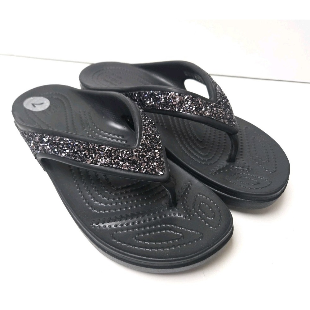 Crocs Black Platform Sloane Glitter Flip Flops Womens 7M Sandals Sparkle NEW